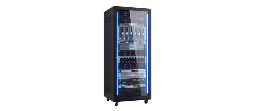 High-Tech Data Storage Server Rack Cabinet Illuminated by Bright Blue LED Lights for Cloud Computing Networking