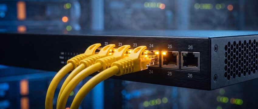 Enterprise IT Network Switch Hub with Multiple Yellow Ethernet LAN Cables Connected for Data Transfer