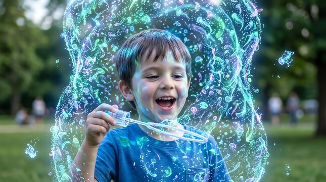 Joyful Child Playing with Water Sparkles Outdoors.