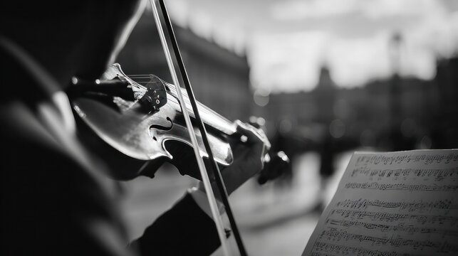 Black and white side view of a musician playing violin with sheet music.