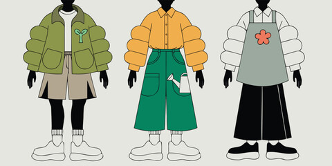 Three stylized male cartoon figures wearing puffer jackets and workwear aprons standing together with character © Harumi