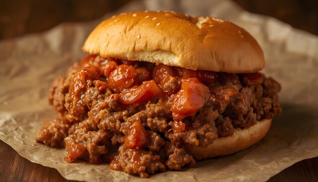 Classic homemade Sloppy Joe sandwich with savory minced beef and tomato sauce on a sesame bun