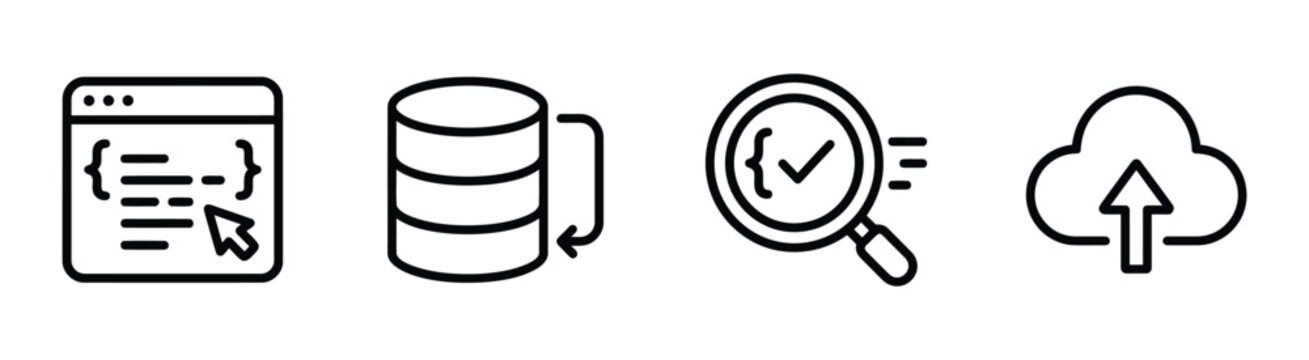 Code development, database backup, code review and cloud upload icons set.
