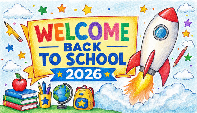 Back to School 2026 Welcome Banner with Pencil Rocket Graphic