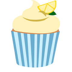 A colorful flat vector illustration of a lemon cupcake with smooth vanilla frosting, topped by a fresh lemon slice and mint leaf, featuring a striped blue wrapper on a transparent background © Nev
