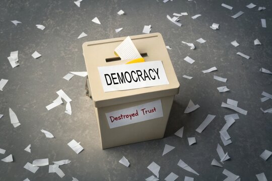 Democracy Ballot Box Overflowing with Shredded Paper