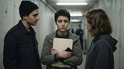 Obraz premium A worried young adult with short hair and a rainbow wristband stands beside two friends in a plain corridor, holding a document folder and phone, with a muted color palette, concrete walls, and a