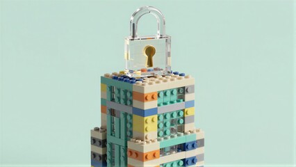Obraz premium Colorful LEGO tower topped with a transparent padlock, symbolizing security.