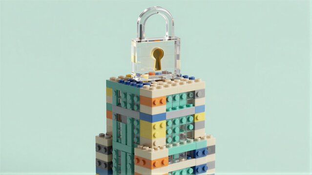 Colorful LEGO tower topped with a transparent padlock, symbolizing security.