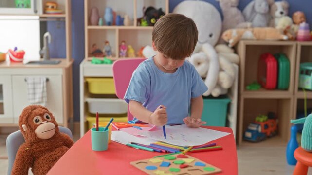 Boy drawing with colored pencils and paper at a red table, reaches for a pencil beside a plush monkey in a playroom inside a building; concentration creativity.