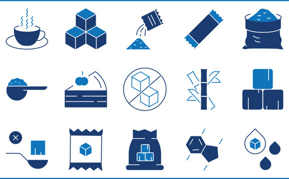 A set of icons related to Sugar. Sugar, sweet, sugarcane, cubes, tea, and so on.