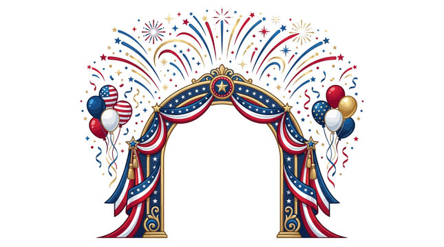Independence Day patriotic arch with fireworks and balloons decoration