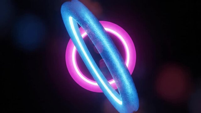 Interlocking glowing neon rings on black background.