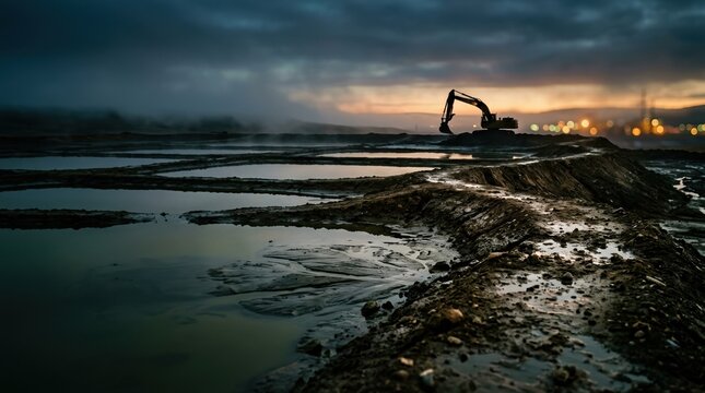 Cinematic slurry pond at twilight with segmented settling basins, opaque dark water, earthen berms, sediment ripples, and a distant excavator silhouette. Low horizon, muted green-brown palette
