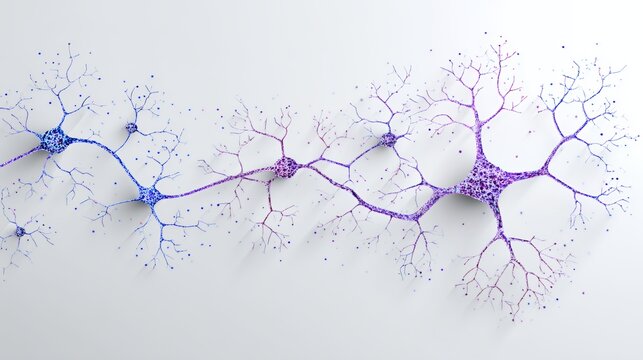 Detailed 3d visualization of brain neurons and synapses with intricate purple nerve connections for neuroscience and medical research.
