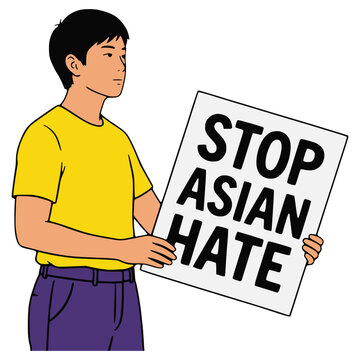 man showing stop asian hate anti racism poster community support flat color vector illustration template design