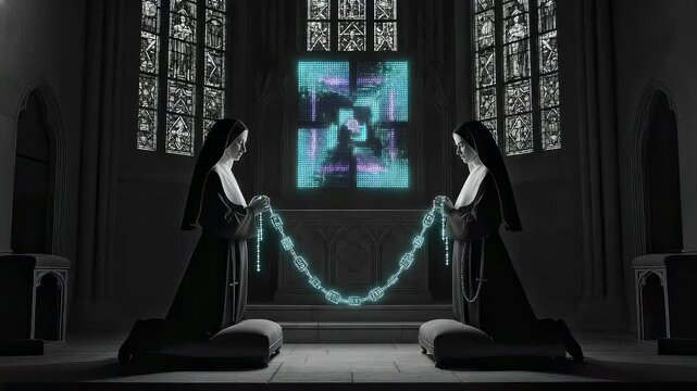 Two woman dressed as nun praying in front of glowing digital stained glass. Cybernetic faith and mind control concept. Futuristic church with robotic rosary chain.