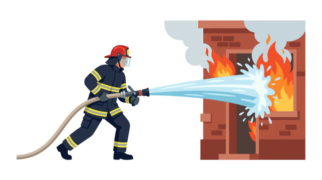 Firefighter in protective gear holding a hose to extinguish a fire