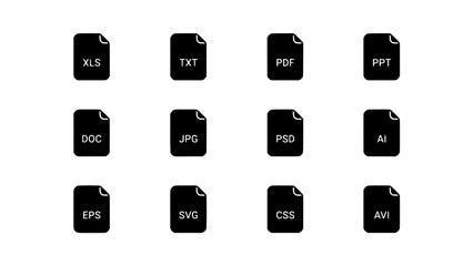 Fototapeta premium Collection of twelve common file type icons arranged in a 4x3 grid, representing digital documents and formats