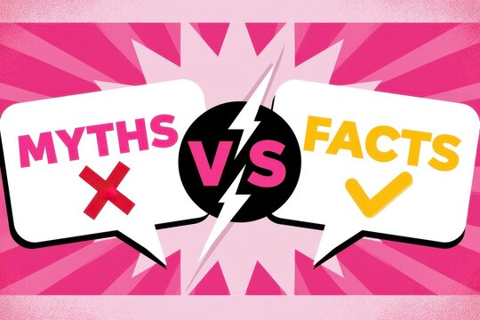 Myths vs Facts Concept Graphic with Speech Bubbles on Pink Sunburst Background