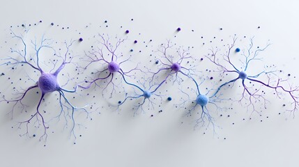 Fototapeta premium High resolution 3d rendering of a glowing purple neural network illustrating brain cells communication for artificial intelligence.
