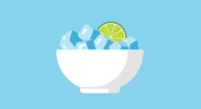 White bowl filled with ice cubes and lime slice.