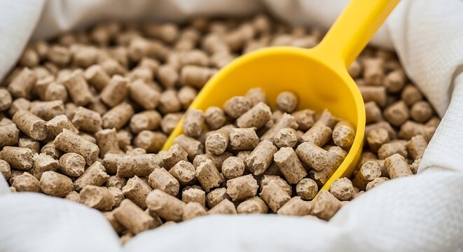 Close-up of animal feed pellets in a sack with a yellow scoop, agriculture