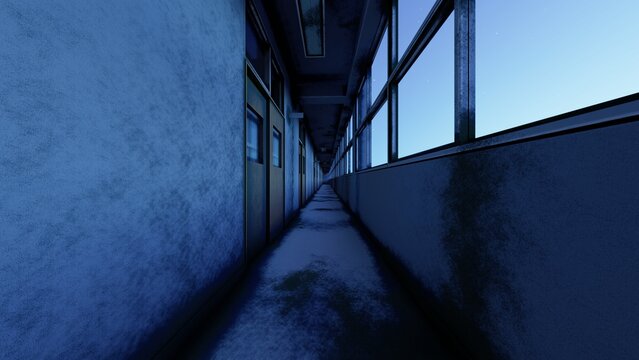 廃校校舎と校庭のホラー背景 3DCGイラスト