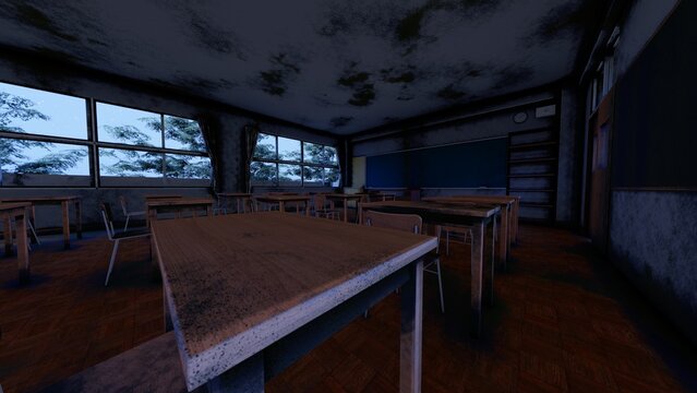 廃校校舎と校庭のホラー背景 3DCGイラスト
