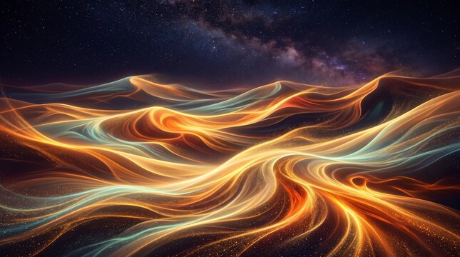 Abstract golden waves with glowing particles and starry night sky
