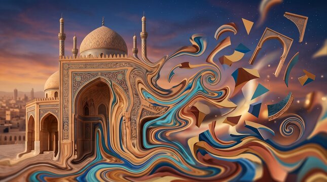 Abstract surreal digital art of a mosque dissolving into fluid waves