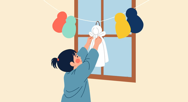Woman hanging colorful laundry on clothesline indoors.