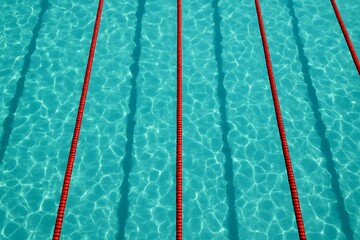 Overhead view of swimming pool lanes with turquoise water and red ropes © Tharshan