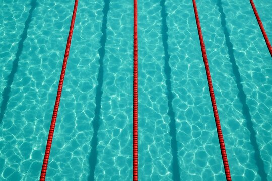Overhead view of swimming pool lanes with turquoise water and red ropes