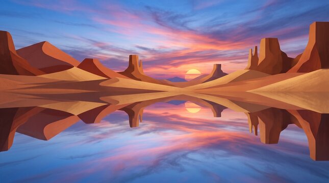 Desert sunset with rock formations reflected in calm water