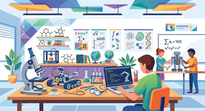 Science classroom, students learning, robotics lab, educational technology