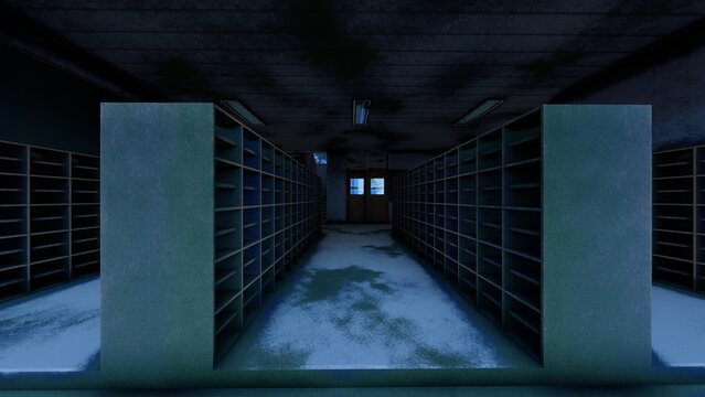 廃校校舎と校庭のホラー背景 3DCGイラスト