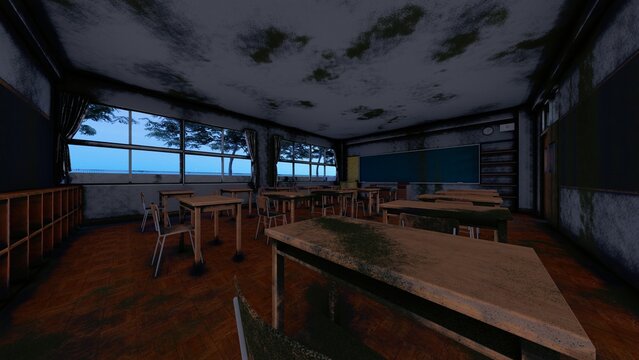 廃校校舎と校庭のホラー背景 3DCGイラスト