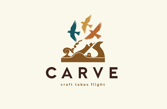 Woodworking plane tool transforming into flying birds logo design with woodworking carpentry creative workshop