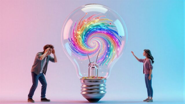 Two figures react to a giant light bulb filled with swirling rainbow energy.
