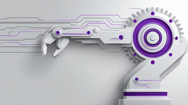 Futuristic robotic arm with purple glowing accents and gears on white background representing AI automation and cybernetic technology