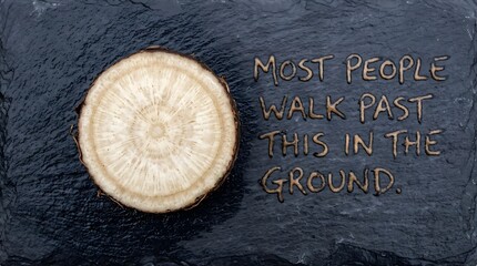 A sliced root on dark stone next to the message 'Most people walk past this in the ground,' symbolizing overlooked natural wisdom, hidden herbal remedies, and the value of wild foraging.