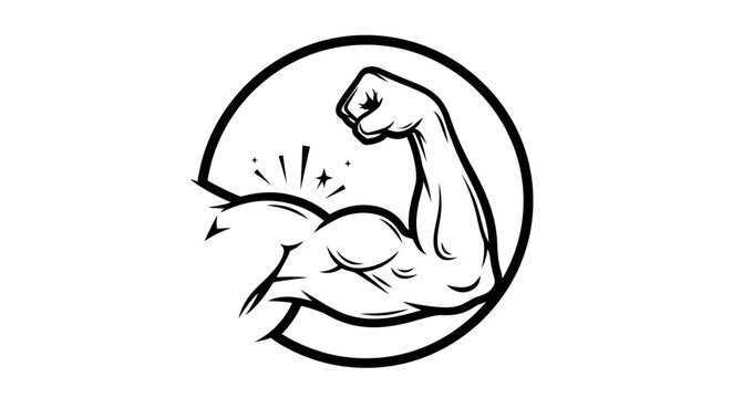 Cartoon muscular arm flexing in a circular frame with bold bicep illustration and dynamic pose.