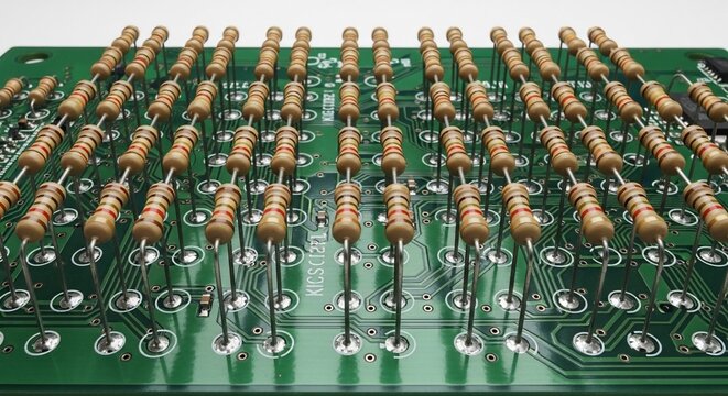 Rows of resistors on a circuit board with electronic components