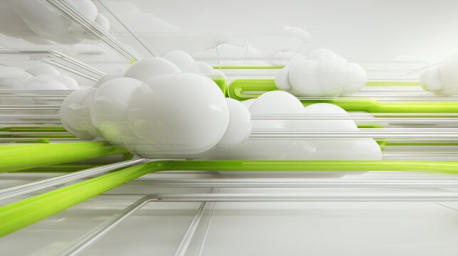 Abstract 3D cloud computing background with glossy white clouds and green data pipelines representing digital network infrastructure