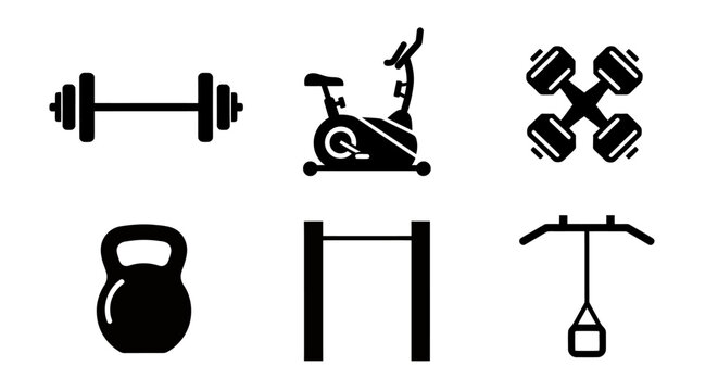 Collection of gym equipment icons representing various fitness activities.