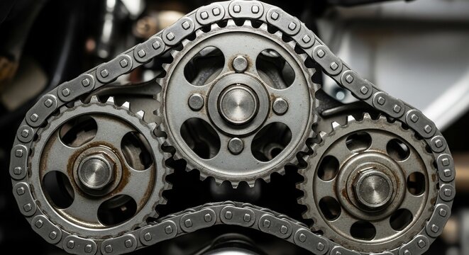 Close-up of interlocking metal gears and chain mechanism