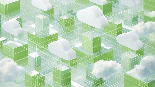 Isometric 3D digital cloud storage architecture with green transparent cubes and white clouds illustrating network data center concept