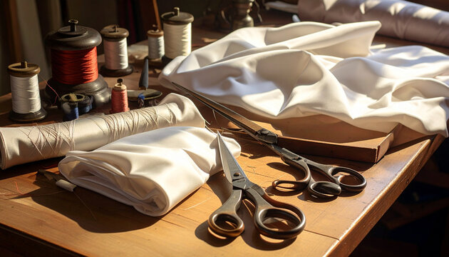 Sewing tools and materials on wooden table