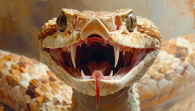 Angry snake with open mouth and sharp fangs closeup